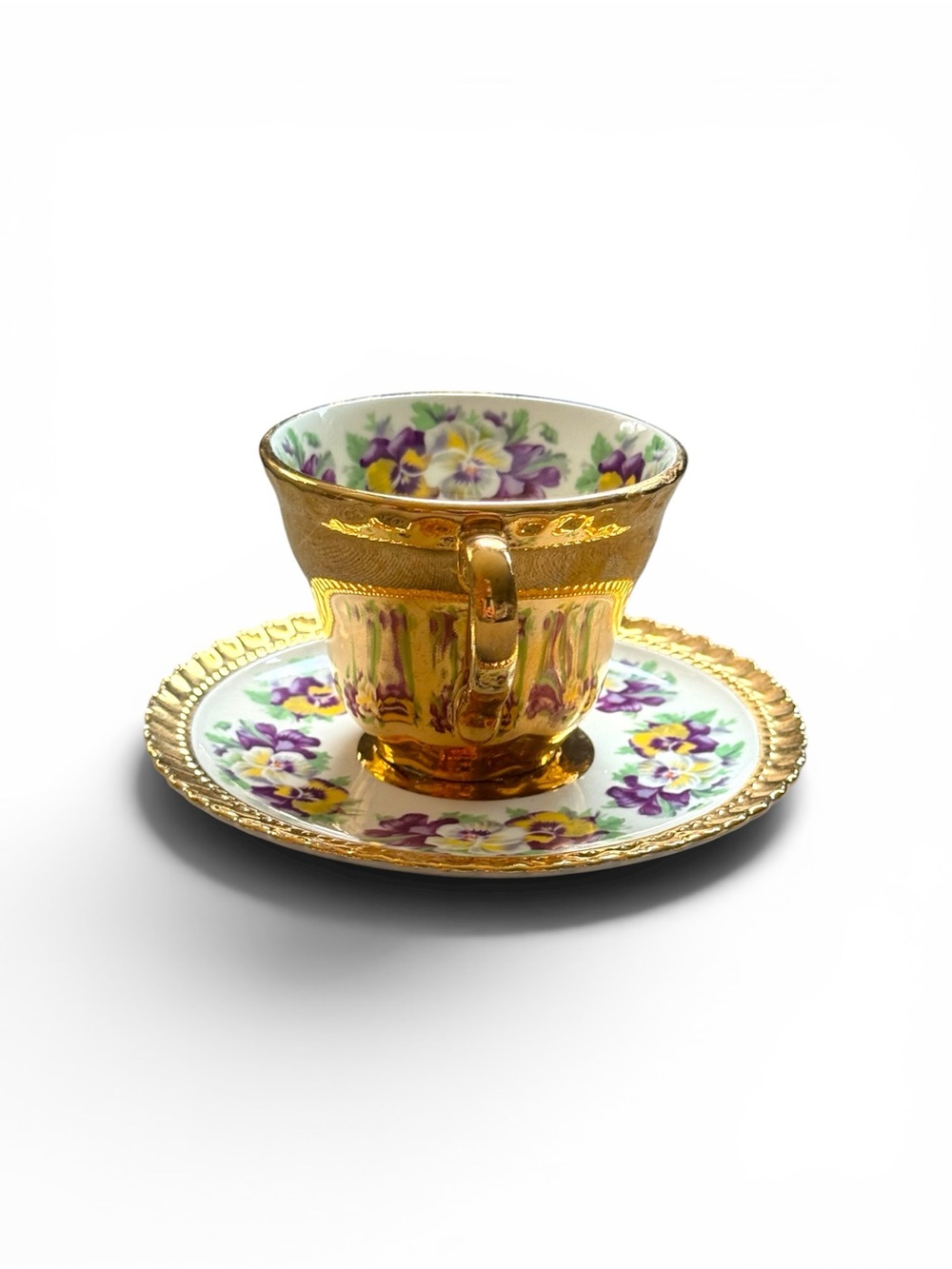 Gold Floral Porcelain Teacup and Saucer - Picture 3 of 8